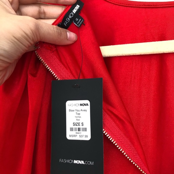 Red Fashion Nova Peplum top with Puff Sleeves - Picture 7 of 8